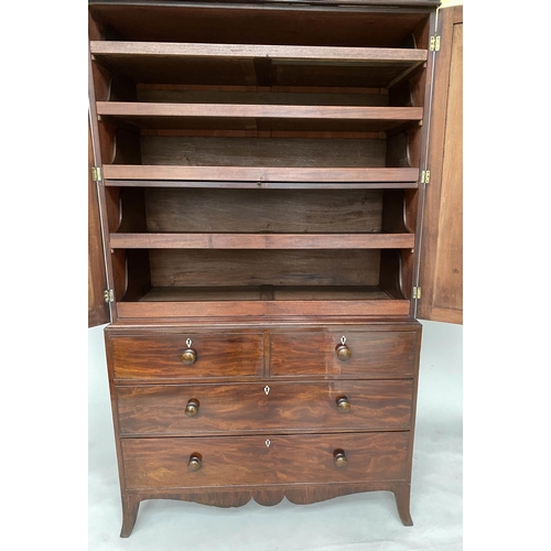 156 - LINEN PRESS, George III flame mahogany with oval panelled doors enclosing original trays and well sp... 