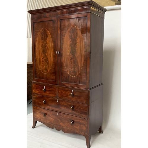 156 - LINEN PRESS, George III flame mahogany with oval panelled doors enclosing original trays and well sp... 