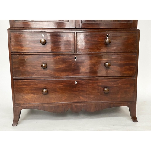 156 - LINEN PRESS, George III flame mahogany with oval panelled doors enclosing original trays and well sp... 