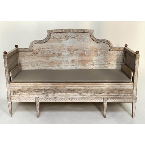 163 - SWEDISH GUSTAVIAN DAYBED/SOFA BENCH, 18th century original patina grey with carved raised back and s... 