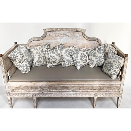 163 - SWEDISH GUSTAVIAN DAYBED/SOFA BENCH, 18th century original patina grey with carved raised back and s... 