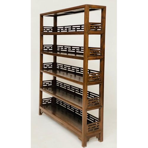 170 - OPEN SHELVES, Chinese elm, five shelves each with pierced 3/4 gallery 100cm x 130cm H x 23cm.