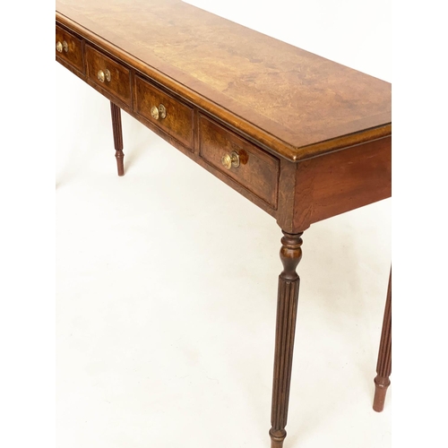 181 - HALL TABLE, Regency design burr walnut and crossbanded with five frieze drawers and reeded supports,... 