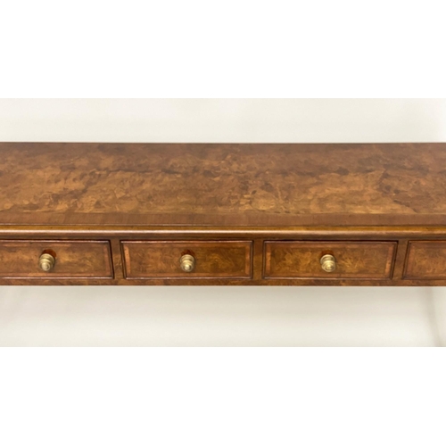 181 - HALL TABLE, Regency design burr walnut and crossbanded with five frieze drawers and reeded supports,... 