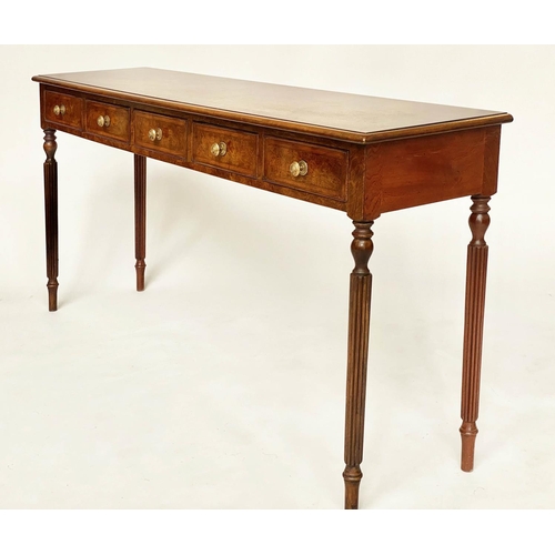 181 - HALL TABLE, Regency design burr walnut and crossbanded with five frieze drawers and reeded supports,... 