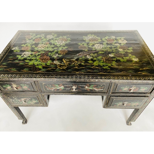 216 - CHINESE WRITING TABLE/DESK, early 20th century Chinese lacquered and gilt chinoiserie hand painted w... 