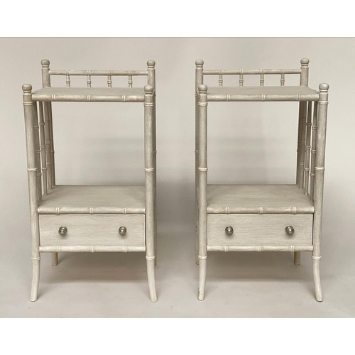 217 - FAUX BAMBOO LAMP TABLES, a pair, grey painted faux bamboo each two tiers with drawer, 39cm W x 30cm ... 