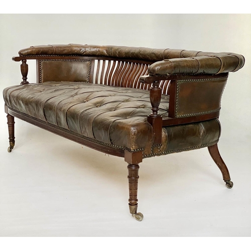 218 - HALL BENCH, 19th century country house walnut with buttoned tan leather upholstered seat and arms, s... 