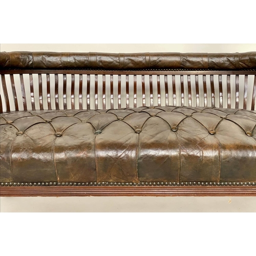 218 - HALL BENCH, 19th century country house walnut with buttoned tan leather upholstered seat and arms, s... 