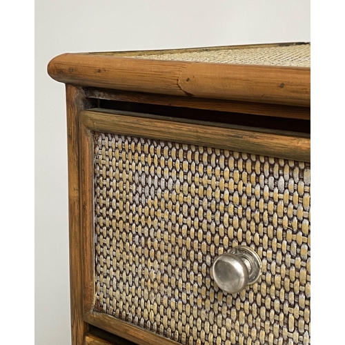 220 - BAMBOO CHEST, wicker panelled and cane bound with three long drawers, 79cm x 46cm x 72cm H.