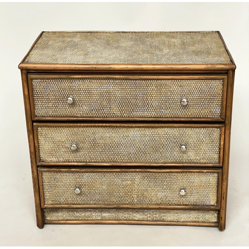 220 - BAMBOO CHEST, wicker panelled and cane bound with three long drawers, 79cm x 46cm x 72cm H.