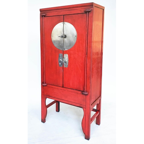 222 - MARRIAGE CABINET, Chinese scarlet lacquered and silvered metal mounted with two panelled doors enclo... 