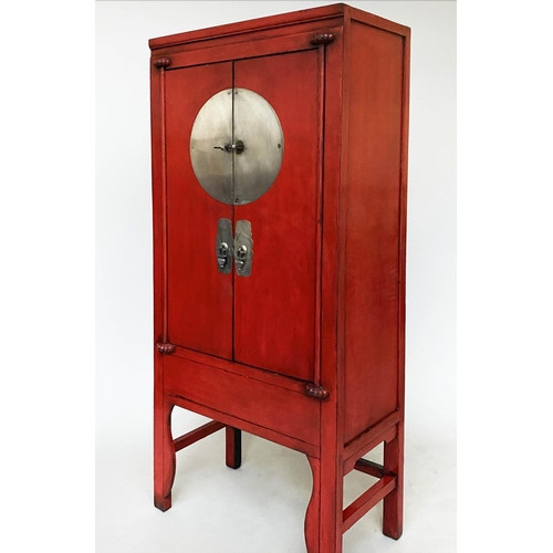 222 - MARRIAGE CABINET, Chinese scarlet lacquered and silvered metal mounted with two panelled doors enclo... 