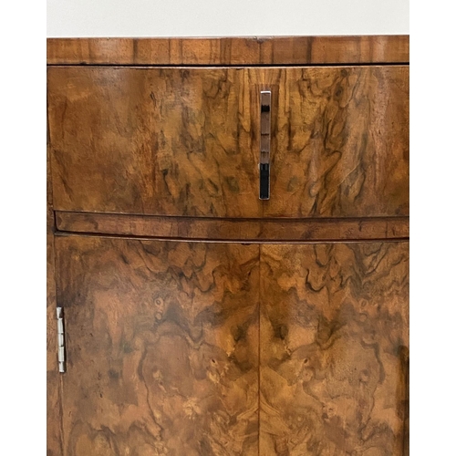 225 - BEDSIDE CABINETS, a pair, Art Deco period burr walnut of bowed outline each with drawer and door, 38... 