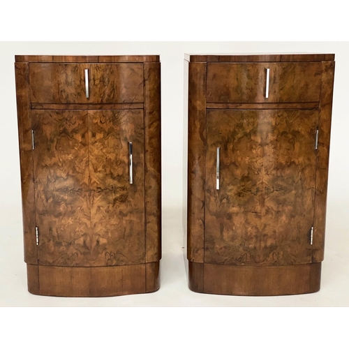 225 - BEDSIDE CABINETS, a pair, Art Deco period burr walnut of bowed outline each with drawer and door, 38... 