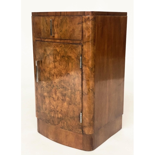 225 - BEDSIDE CABINETS, a pair, Art Deco period burr walnut of bowed outline each with drawer and door, 38... 