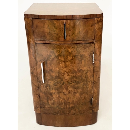 225 - BEDSIDE CABINETS, a pair, Art Deco period burr walnut of bowed outline each with drawer and door, 38... 