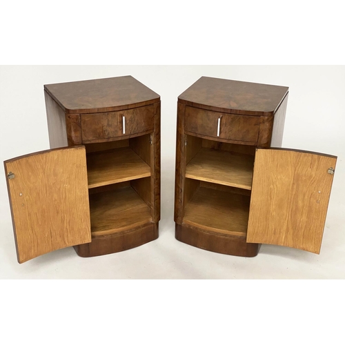 225 - BEDSIDE CABINETS, a pair, Art Deco period burr walnut of bowed outline each with drawer and door, 38... 