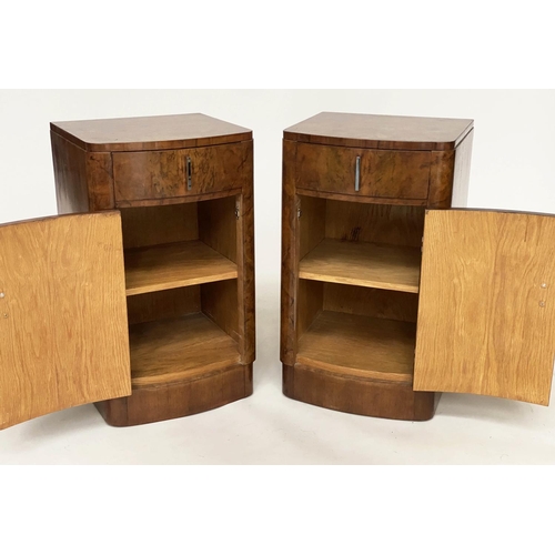 225 - BEDSIDE CABINETS, a pair, Art Deco period burr walnut of bowed outline each with drawer and door, 38... 