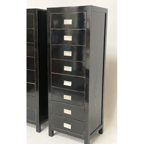 349 - TALL CHESTS, a pair, 50cm x 40cm x 141cm, Chinese black lacquered and silvered metal mounted each wi... 