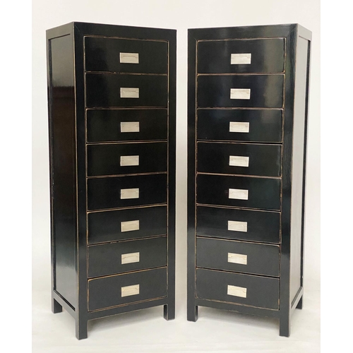 349 - TALL CHESTS, a pair, 50cm x 40cm x 141cm, Chinese black lacquered and silvered metal mounted each wi... 