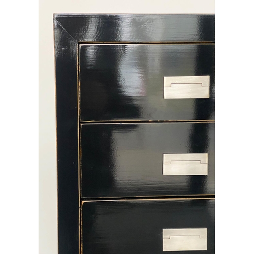 349 - TALL CHESTS, a pair, 50cm x 40cm x 141cm, Chinese black lacquered and silvered metal mounted each wi... 