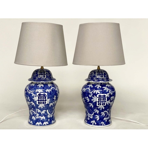 159 - TABLE LAMPS, a pair, large Chinese blue and white ceramic of lidded ginger jar form with script pane... 