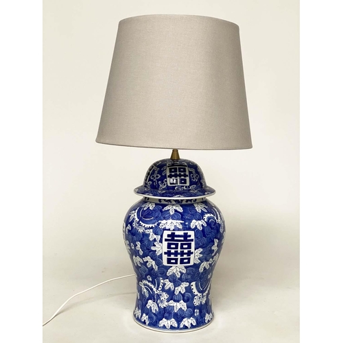 159 - TABLE LAMPS, a pair, large Chinese blue and white ceramic of lidded ginger jar form with script pane... 