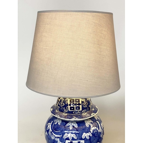 159 - TABLE LAMPS, a pair, large Chinese blue and white ceramic of lidded ginger jar form with script pane... 