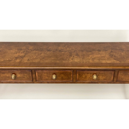 181 - HALL TABLE, Regency design burr walnut and crossbanded with five frieze drawers and reeded supports,... 