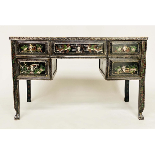 216 - CHINESE WRITING TABLE/DESK, early 20th century Chinese lacquered and gilt chinoiserie hand painted w... 