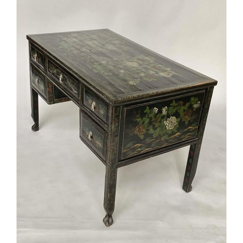 216 - CHINESE WRITING TABLE/DESK, early 20th century Chinese lacquered and gilt chinoiserie hand painted w... 