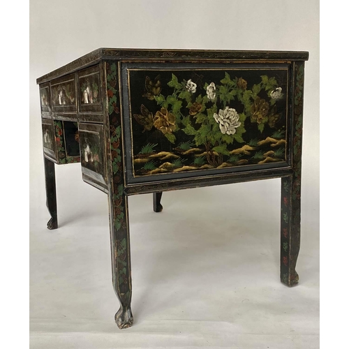 216 - CHINESE WRITING TABLE/DESK, early 20th century Chinese lacquered and gilt chinoiserie hand painted w... 