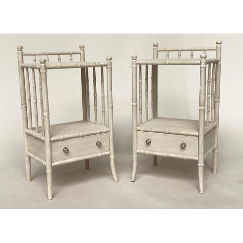 217 - FAUX BAMBOO LAMP TABLES, a pair, grey painted faux bamboo each two tiers with drawer, 39cm W x 30cm ... 