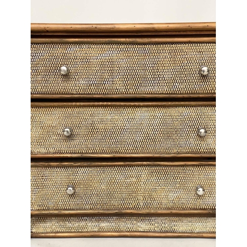 220 - BAMBOO CHEST, wicker panelled and cane bound with three long drawers, 79cm x 46cm x 72cm H.