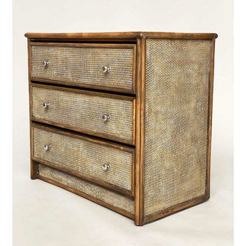 220 - BAMBOO CHEST, wicker panelled and cane bound with three long drawers, 79cm x 46cm x 72cm H.