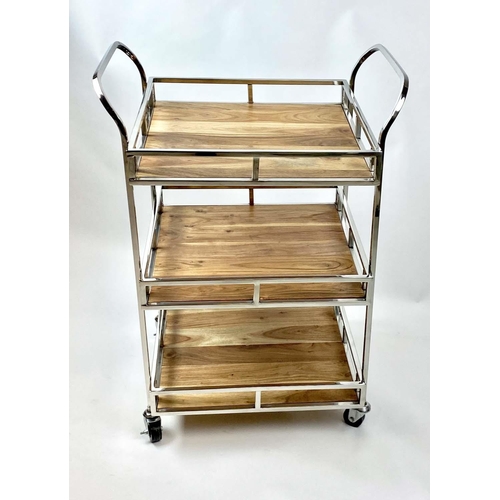 483 - DRINKS TROLLEY, 89cm high, 65cm wide, 50cm deep, three-tier two-handled form, hardwood shelves, chro... 