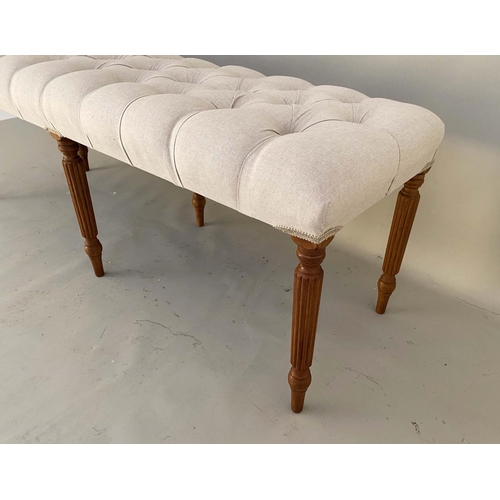 493 - HALL SEAT, 51cm x 122cm x 44cm, deep buttoned neutral linen upholstery.