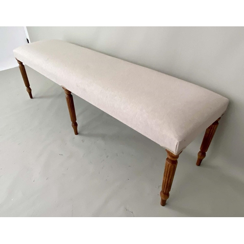 496 - HALL SEAT, 150cm x 40cm x 50cm, neutral upholstery, on six legs.