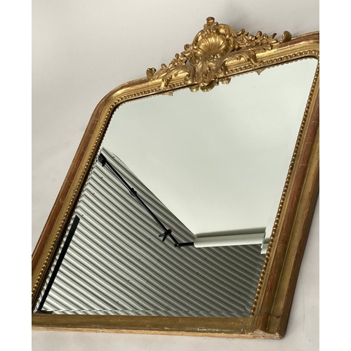 167 - OVERMANTEL MIRROR, 19th century French giltwood and gesso moulded with arched beaded frame and shell... 