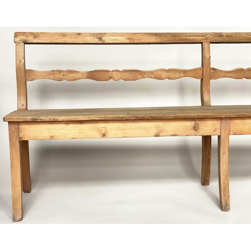 172 - HALL BENCH, 19th century French provincial pine with raised bar back and swept front supports, 214cm... 