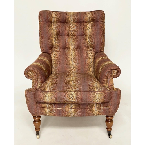 176 - MULBERRY ARMCHAIR, Mulberry Burford armchair with buttoned back, scroll arms and turned supports, 83... 