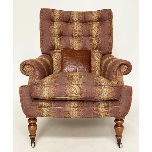 176 - MULBERRY ARMCHAIR, Mulberry Burford armchair with buttoned back, scroll arms and turned supports, 83... 