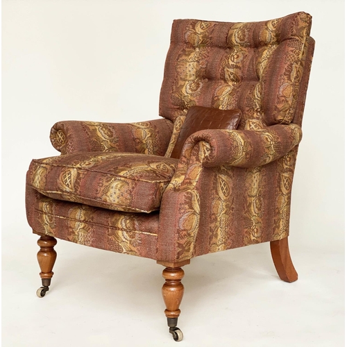 176 - MULBERRY ARMCHAIR, Mulberry Burford armchair with buttoned back, scroll arms and turned supports, 83... 