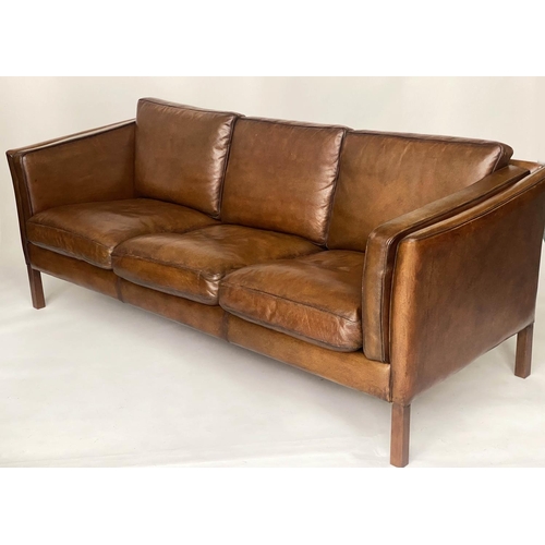 343 - STOUBY DANISH SOFA, 1970s mid brown grained tan leather, three seater with teak supports, 200cm W.