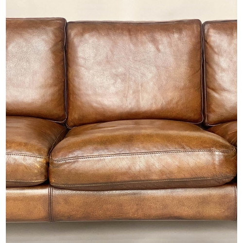 343 - STOUBY DANISH SOFA, 1970s mid brown grained tan leather, three seater with teak supports, 200cm W.