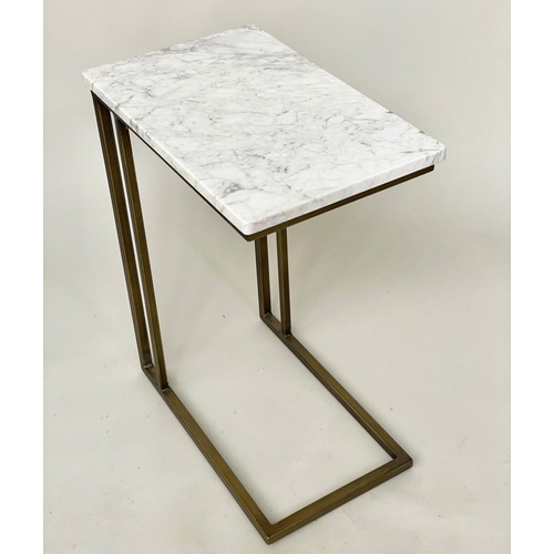 350 - SIDE TABLES, a pair, rectangular grey white variegated marble tops on shaped gilt metal supports, 32... 