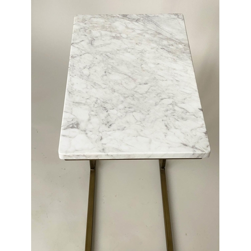 350 - SIDE TABLES, a pair, rectangular grey white variegated marble tops on shaped gilt metal supports, 32... 