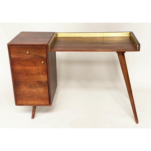 351 - DESK, 1970's Danish style teak with 3/4 brass galleried writing surface, drawer and cupboard, 115cm ... 