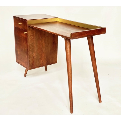 351 - DESK, 1970's Danish style teak with 3/4 brass galleried writing surface, drawer and cupboard, 115cm ... 